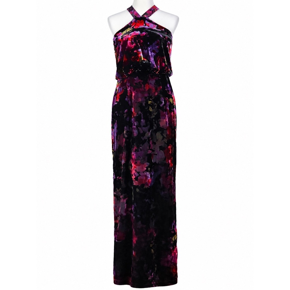 Aidan Mattox Floral Velvet Halter Maxi Gown Black Purple Romantic Luxury 12 NWT